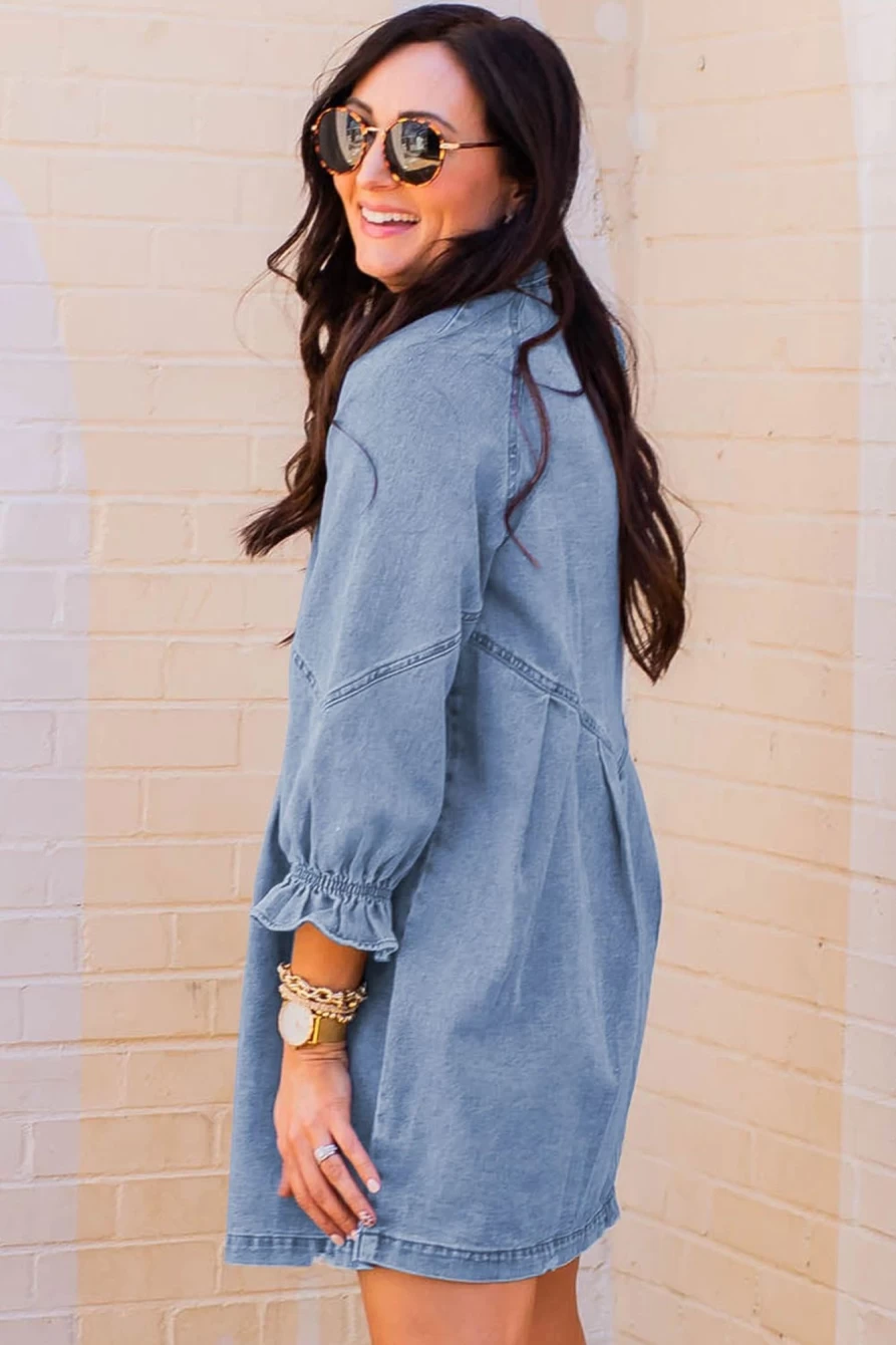 Shewin Women's Sky Blue Casual Denim Short Dress with Buttoned Ruffle Detail