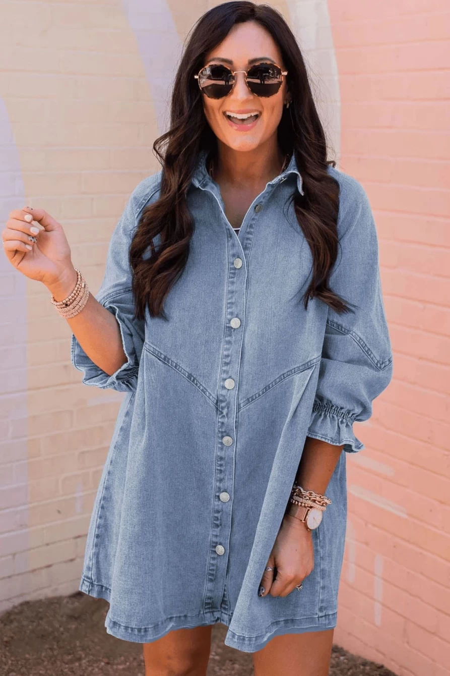 Shewin Women's Sky Blue Casual Denim Short Dress with Buttoned Ruffle Detail