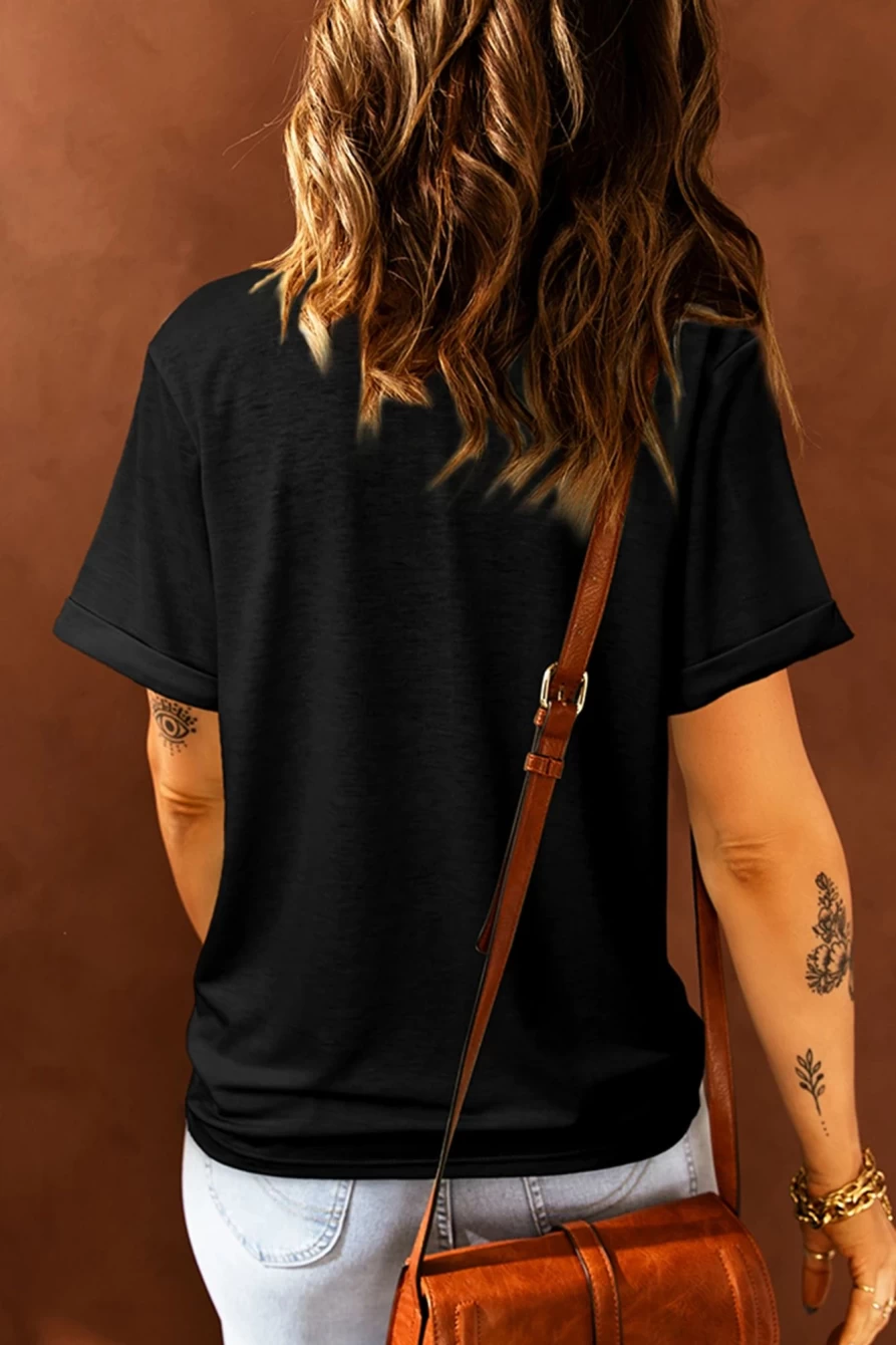 Shewin Women's Black Happy Go Lucky Clover Graphic Crew Neck T-Shirt