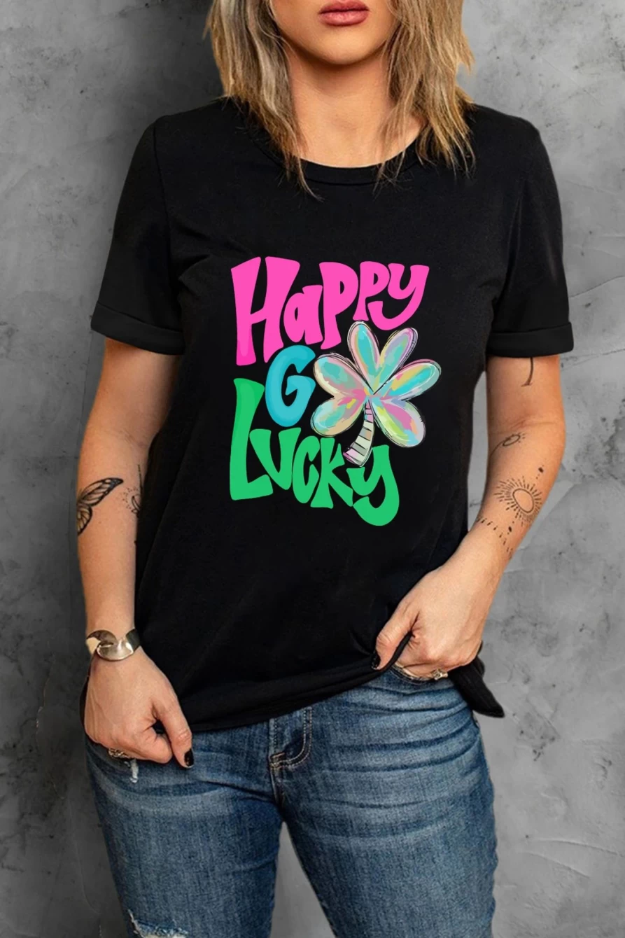 Shewin Women's Black Happy Go Lucky Clover Graphic Crew Neck T-Shirt