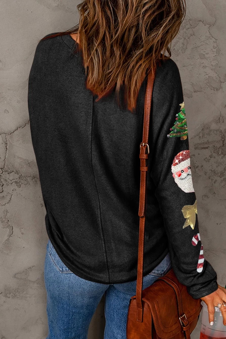 Shewin Women's Black Sequined Christmas Graphic Casual Pullover Sweatshirt