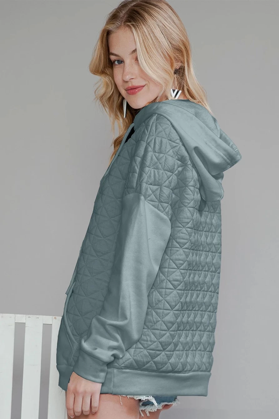 Shewin Women's Light Grey Drop Shoulder Hoodie with Kangaroo Pocket & Patchwork Quilted Design