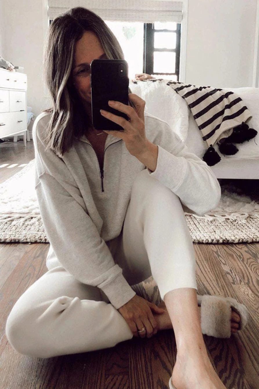 Shewin Women's Gray Plus Size Zipper Pullover Hoodie & Joggers Set