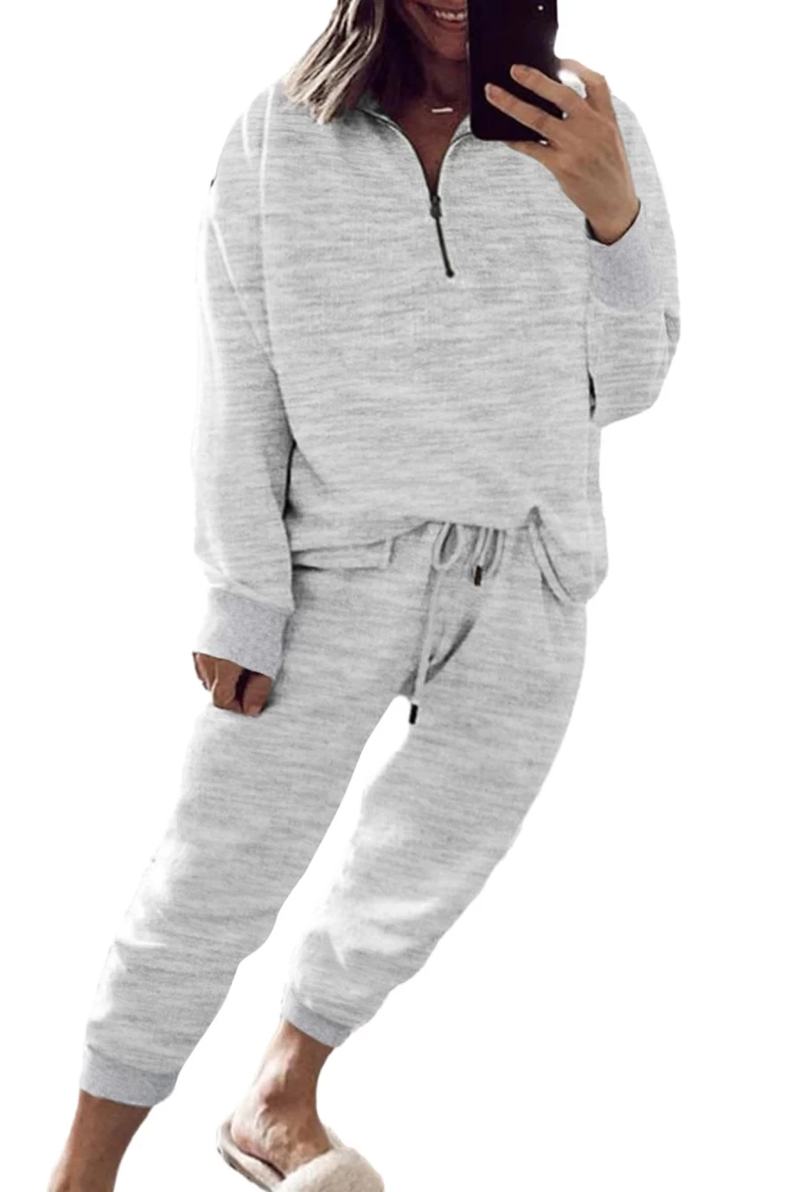 Shewin Women's Gray Plus Size Zipper Pullover Hoodie & Joggers Set