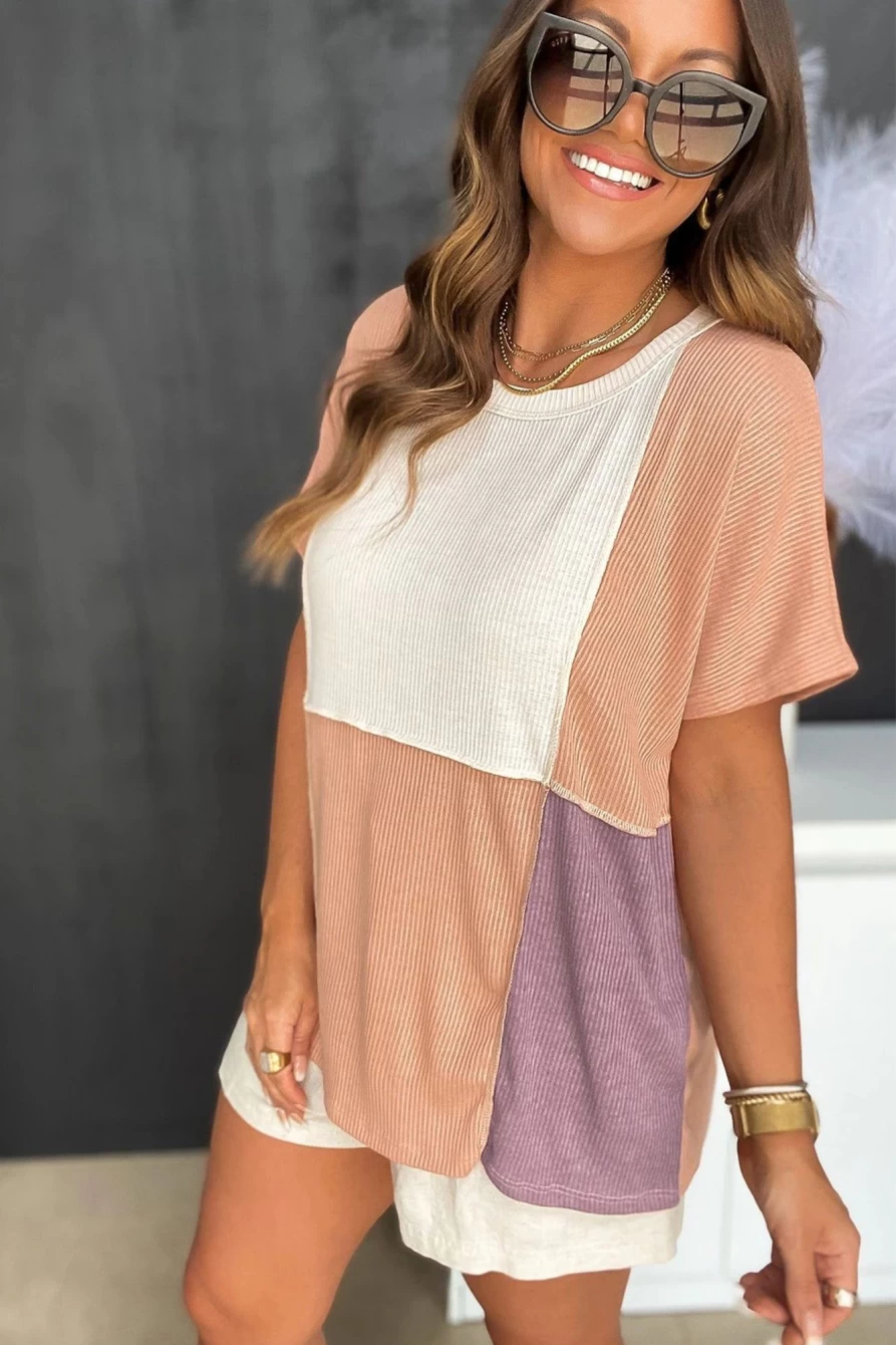 Shewin Women's Orange Colorblock Patchwork Rib Knit Short Sleeve Top