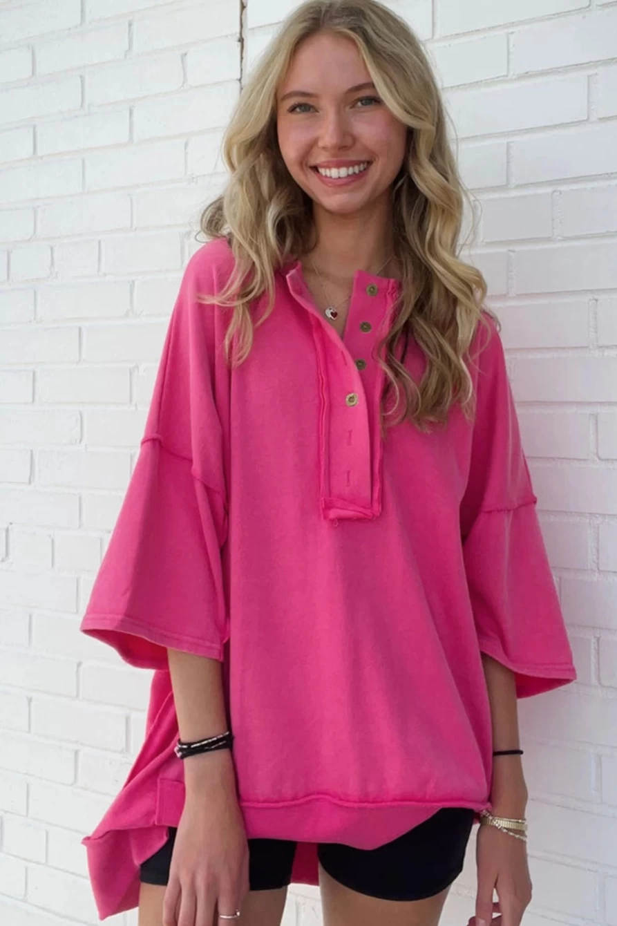 Shewin Women's Rose Red Exposed Seam Button Neck Drop Sleeve Tunic Top