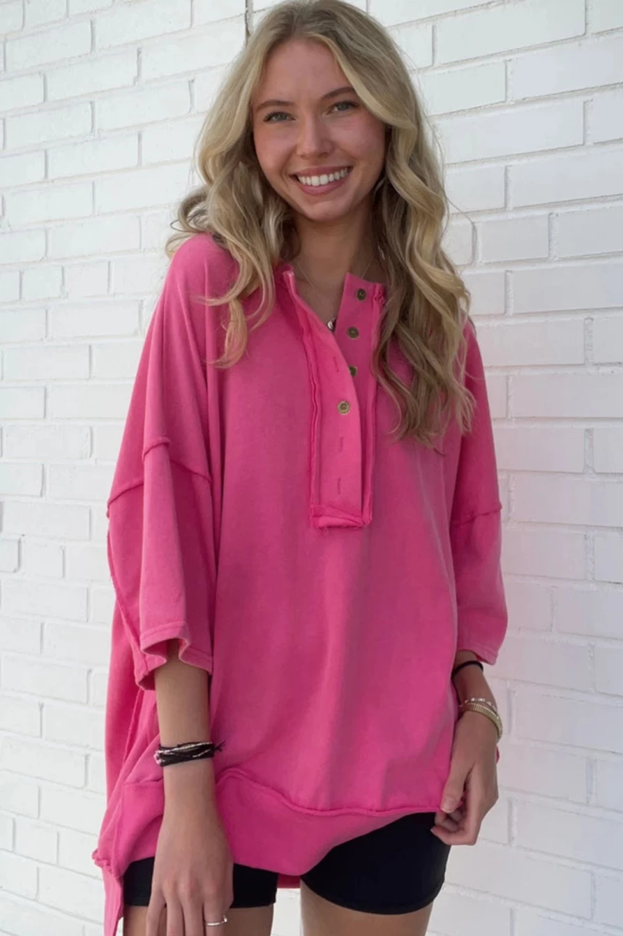 Shewin Women's Rose Red Exposed Seam Button Neck Drop Sleeve Tunic Top