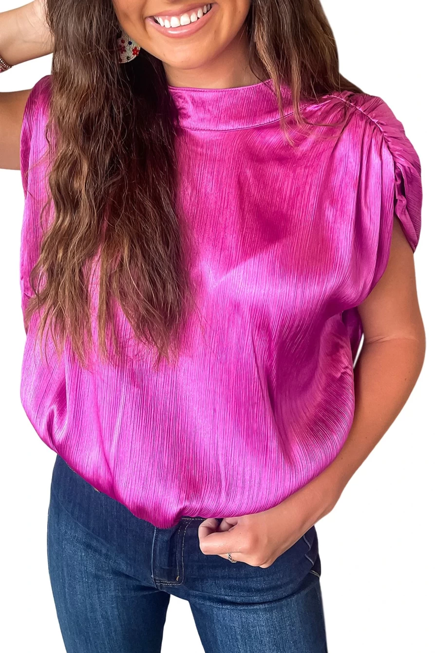 "SheWin Women's Bright Pink Ruched Sleeve Knotted Backless Blouse - Sexy Tops"
