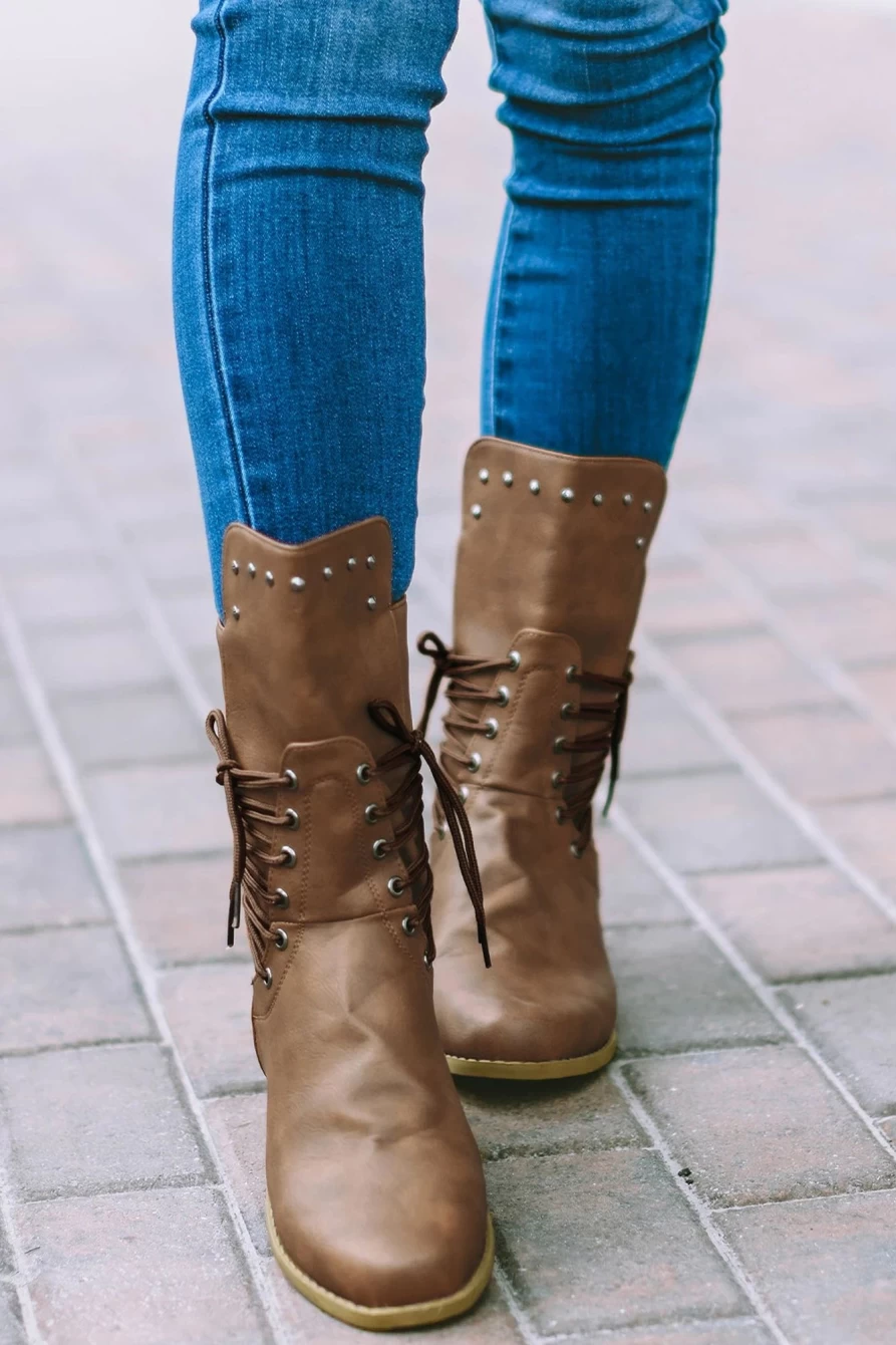 Shewin Women's Chestnut Faux Leather Boots with Grommet Studs and Decorative Zipper