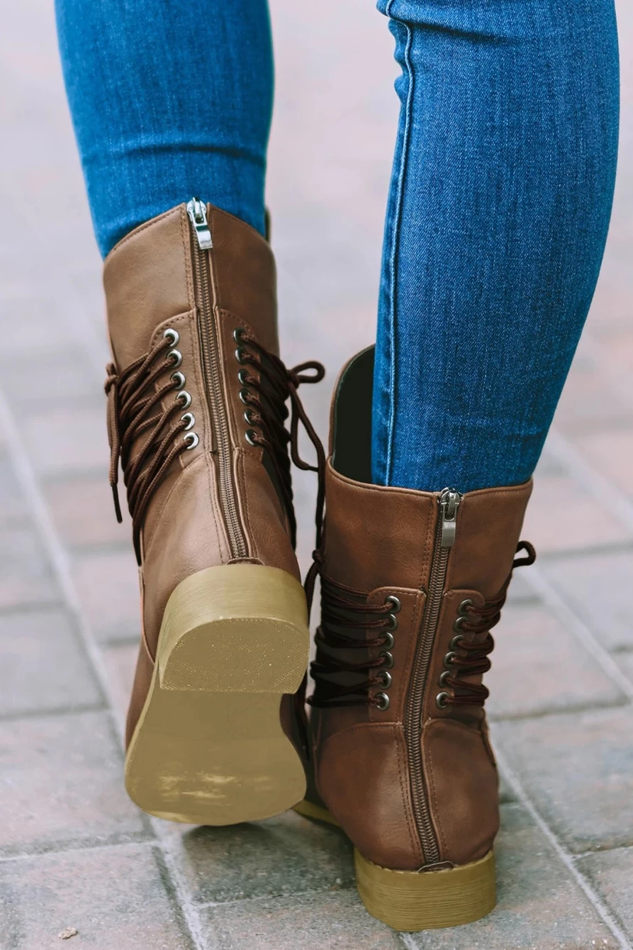 Shewin Women's Chestnut Faux Leather Boots with Grommet Studs and Decorative Zipper