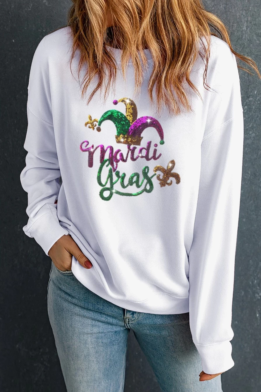 Shewin Women's White Mardi Gras Sequined Graphic Drop Shoulder Sweatshirt - Sparkly Party Top