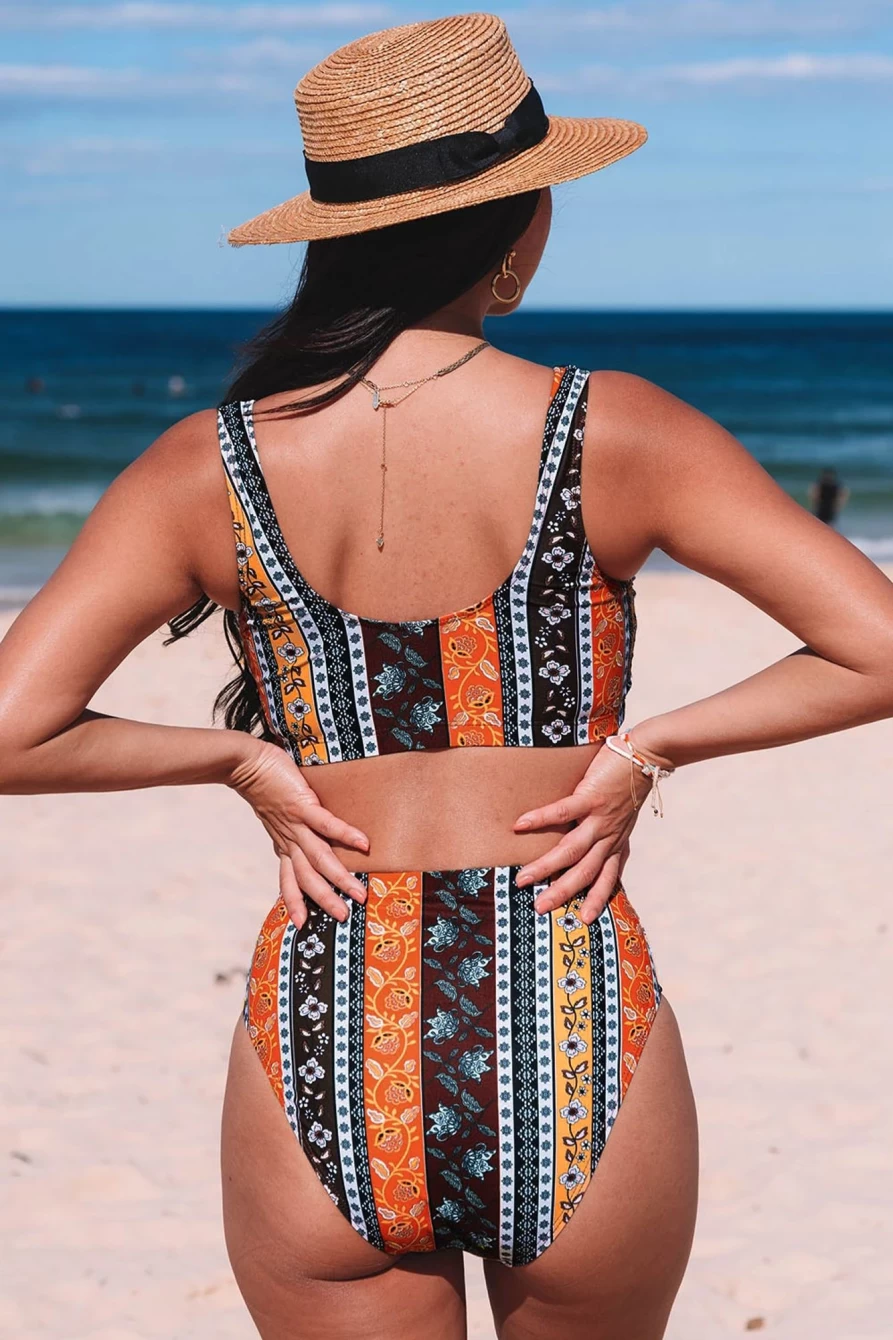 "SheWin Women's Orange Bohemian Floral Print High Waist Bikini Set - Tropical Summer Beachwear"