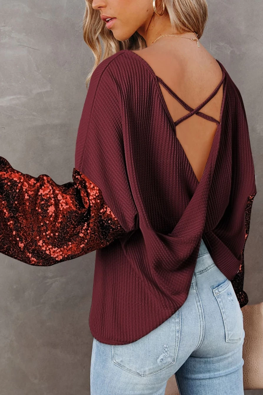 Shewin Women's Burgundy Christmas Nutcracker Knit Top with Sequins Sleeve Detail