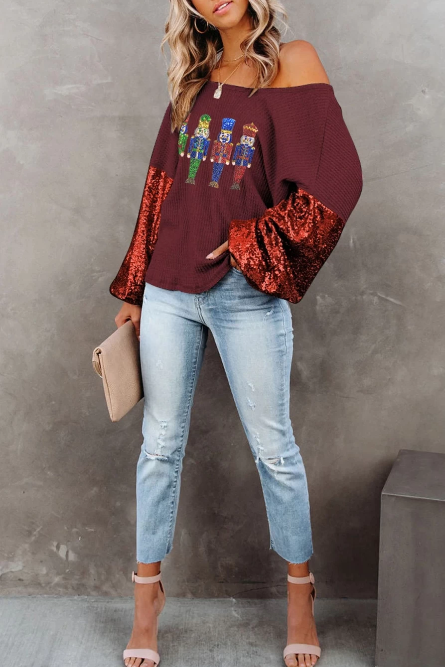 Shewin Women's Burgundy Christmas Nutcracker Knit Top with Sequins Sleeve Detail