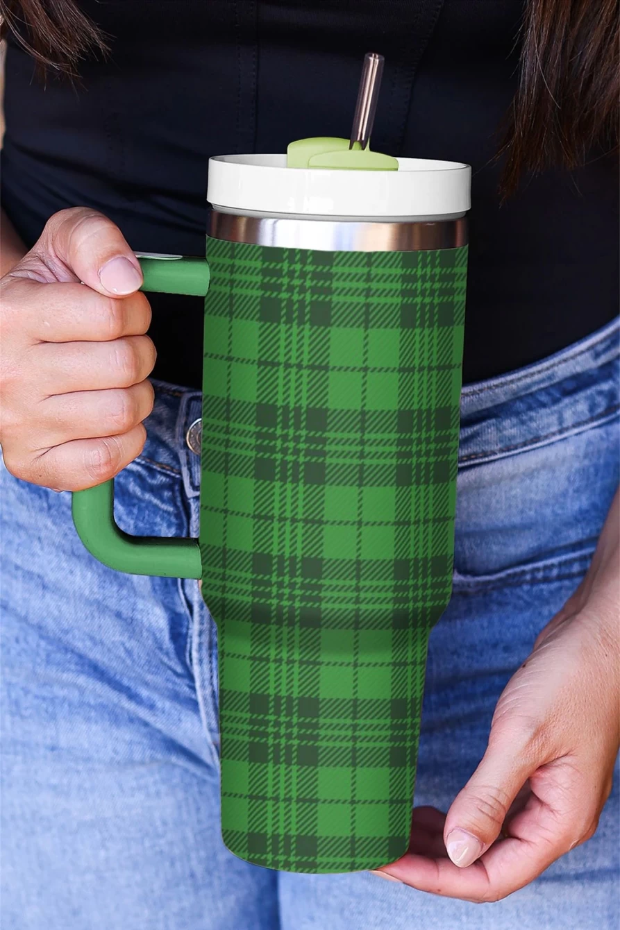 Shewin Dark Green Plaid Print Stainless Steel Tumbler With Lid for Women