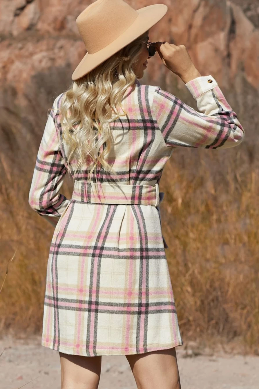 Shewin Women's Pink Plaid Flannel Dress with Belt, Long Sleeve Button Up Style