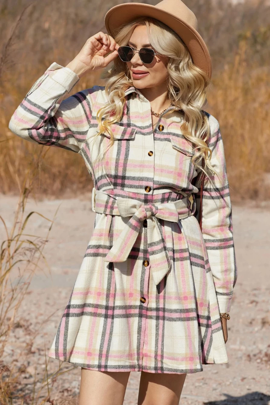 Shewin Women's Pink Plaid Flannel Dress with Belt, Long Sleeve Button Up Style