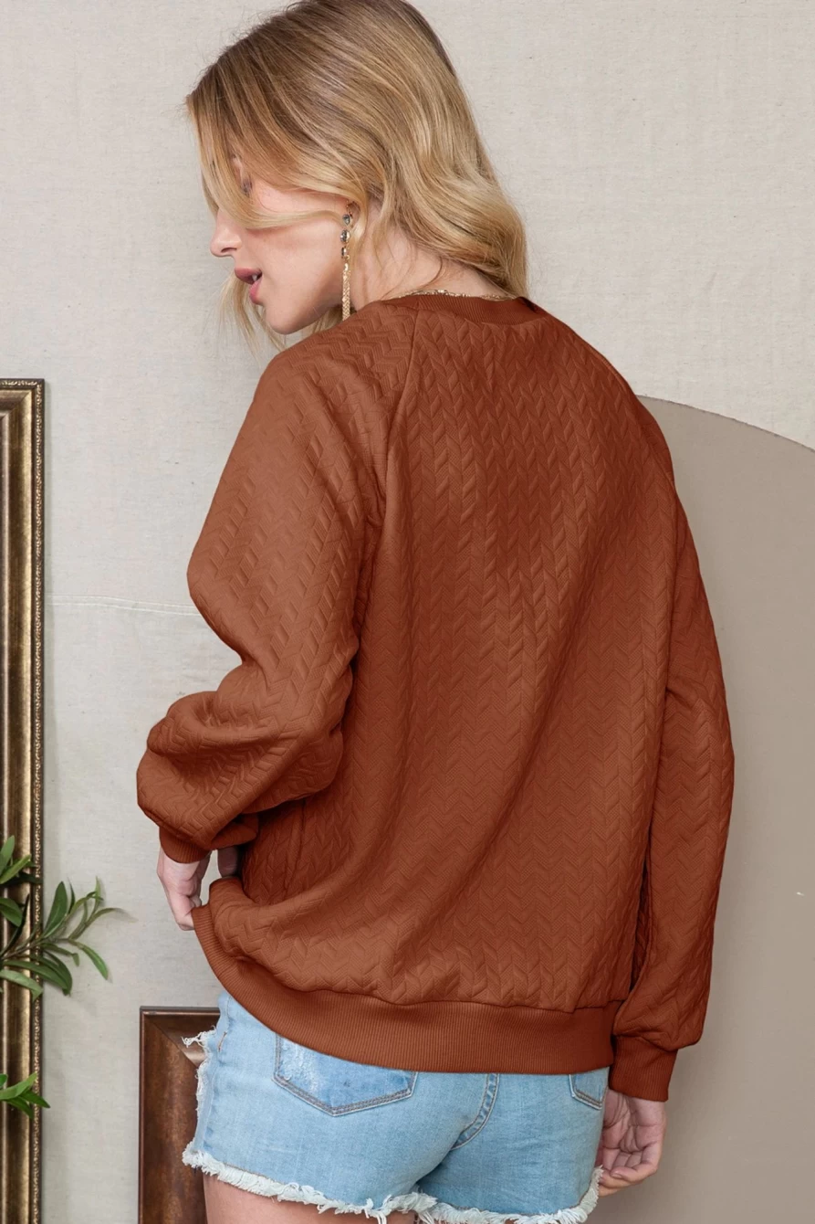 Shewin Women's Chestnut Solid Color Textured Raglan Sleeve Pullover Sweatshirt