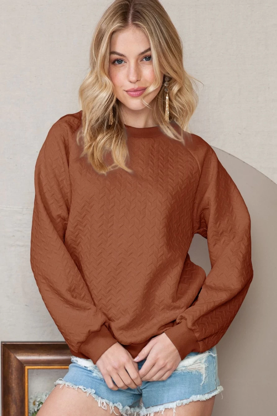 Shewin Women's Chestnut Solid Color Textured Raglan Sleeve Pullover Sweatshirt