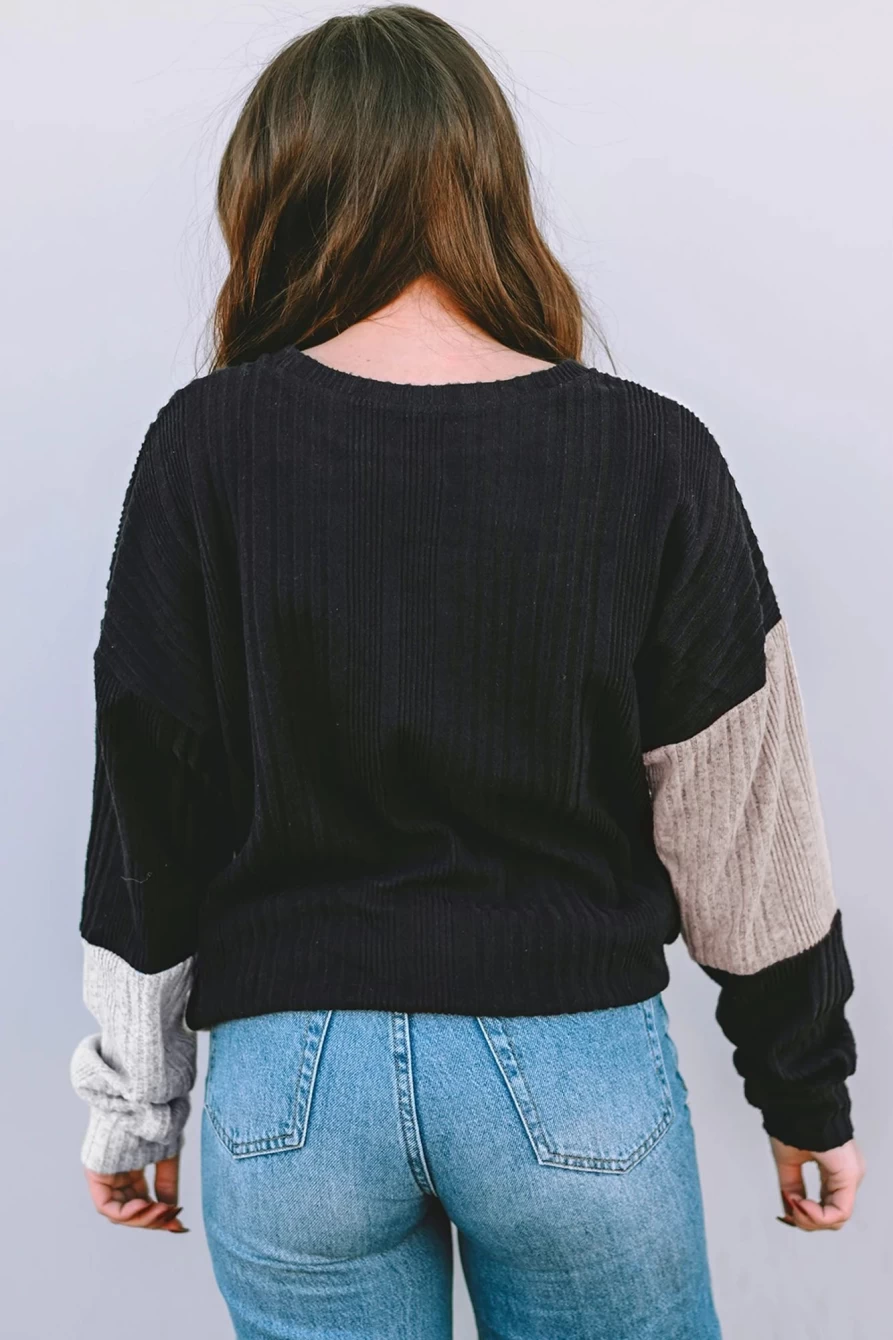"SheWin Women's Black Colorblock Textured Knit Long Sleeve Top"