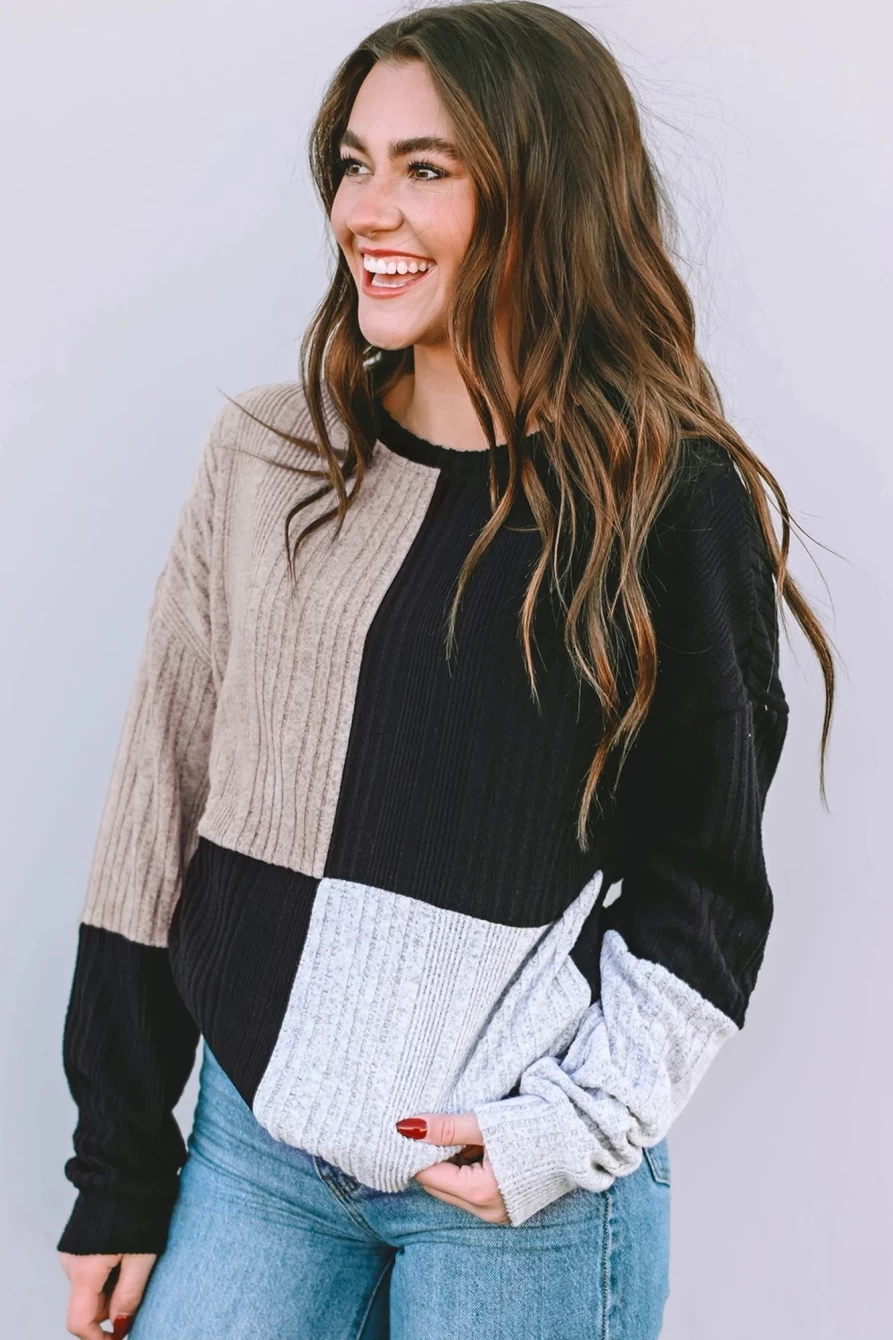 "SheWin Women's Black Colorblock Textured Knit Long Sleeve Top"