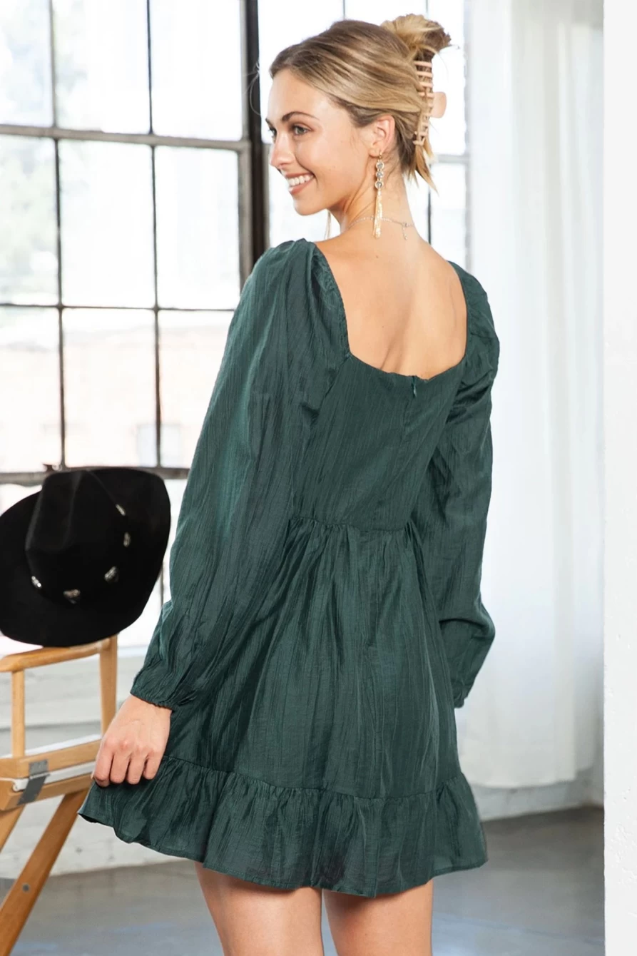 Shewin Women's Green Solid Color Flounce Hem A-Line Square Neck Dress