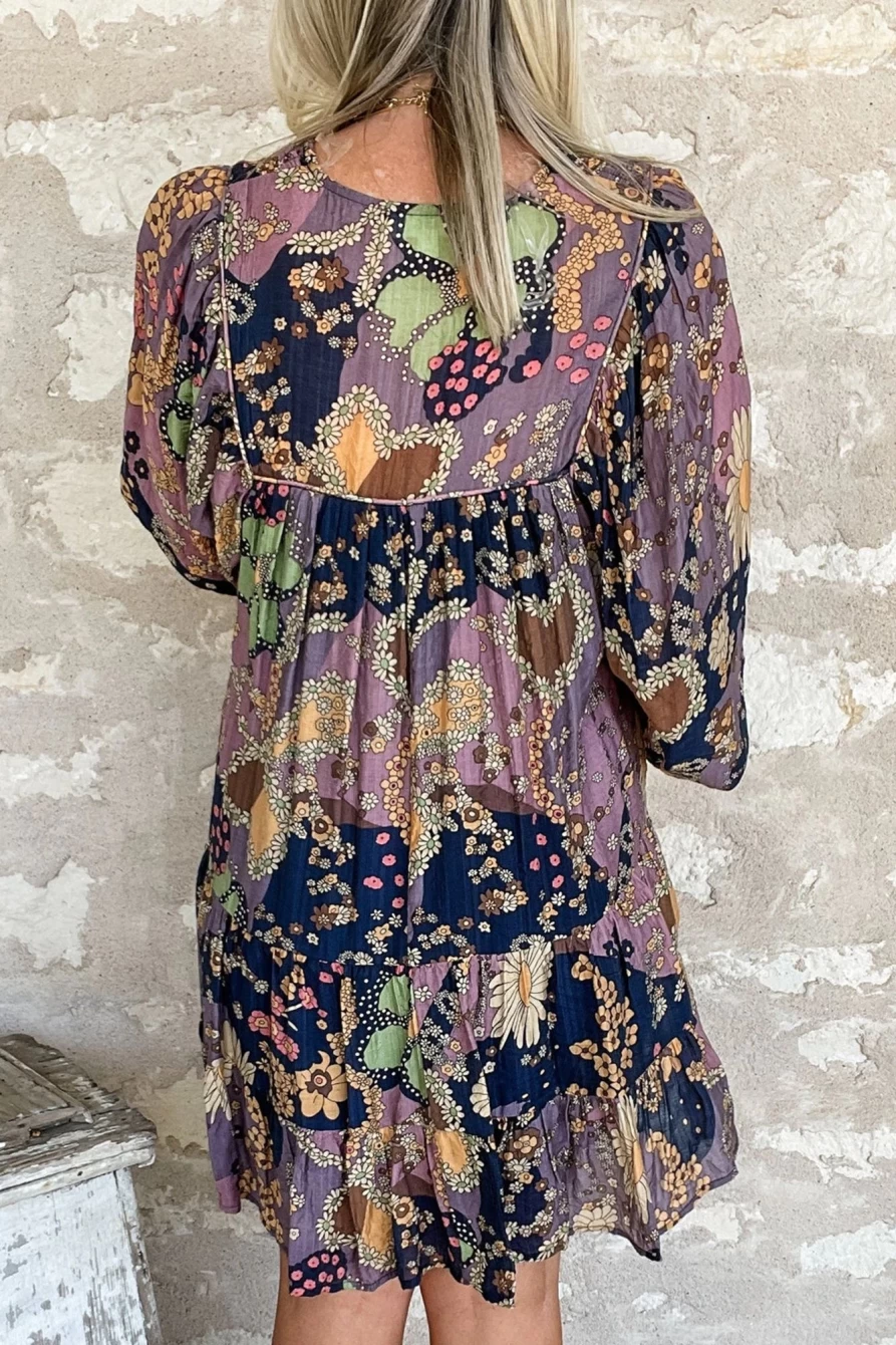 Shewin Women's Purple Boho Floral Print Puff Sleeve Flowy Mini Dress