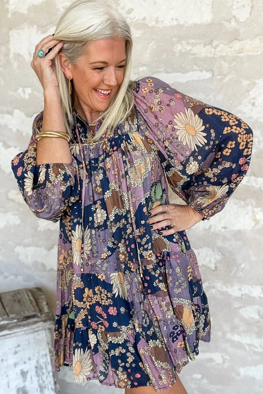 Shewin Women's Purple Boho Floral Print Puff Sleeve Flowy Mini Dress