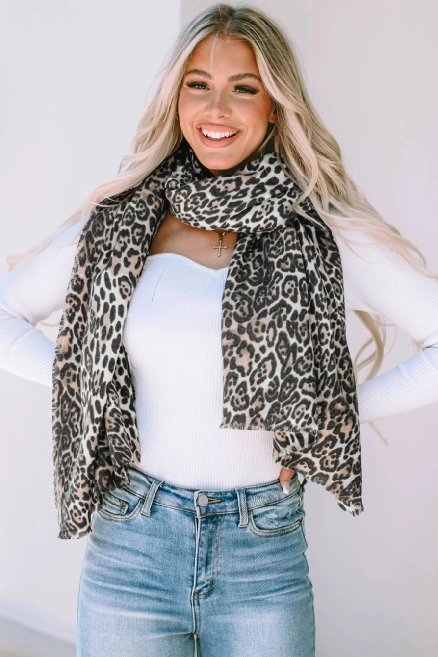 Shewin Women's Leopard Print Soft Raw Edge Shawl Scarf