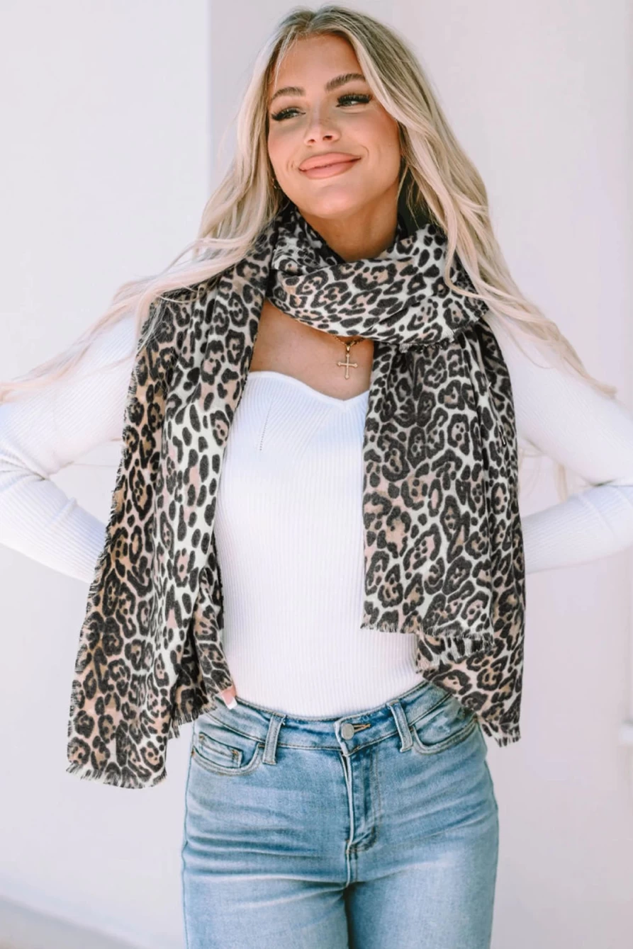 Shewin Women's Leopard Print Soft Raw Edge Shawl Scarf