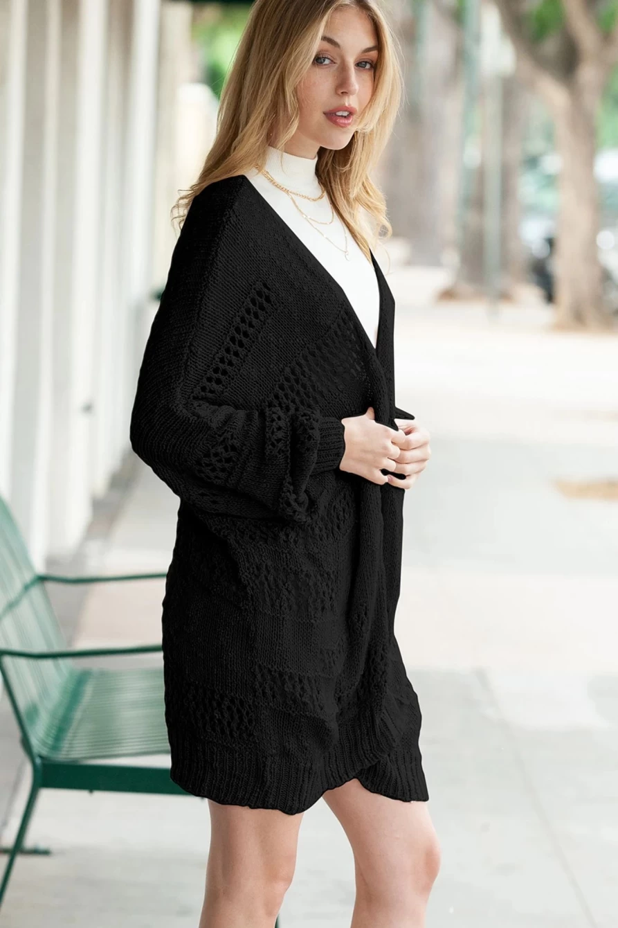 Shewin Women's Black Casual Hollow-Out Knit Dolman Sleeve Cardigan Sweater