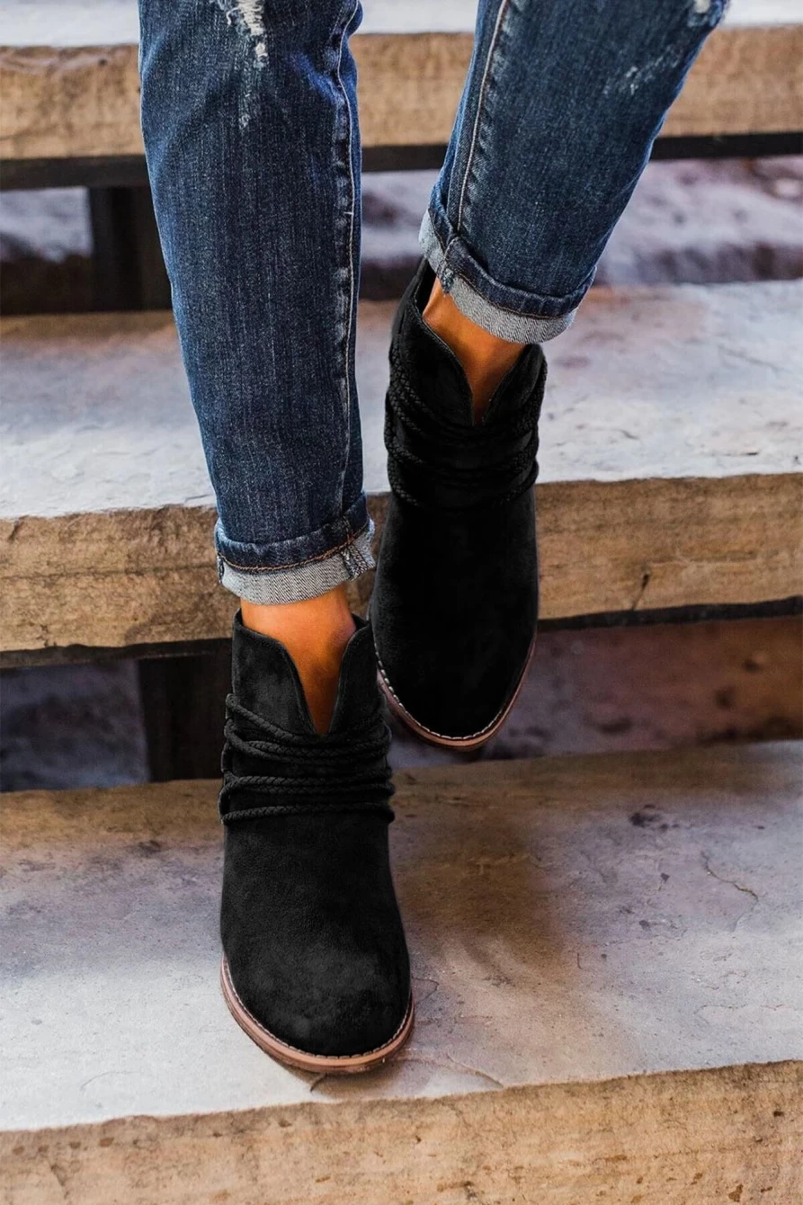 Shewin Women's Black & White Criss Cross Slip-On Pointed Toe Heeled Boots