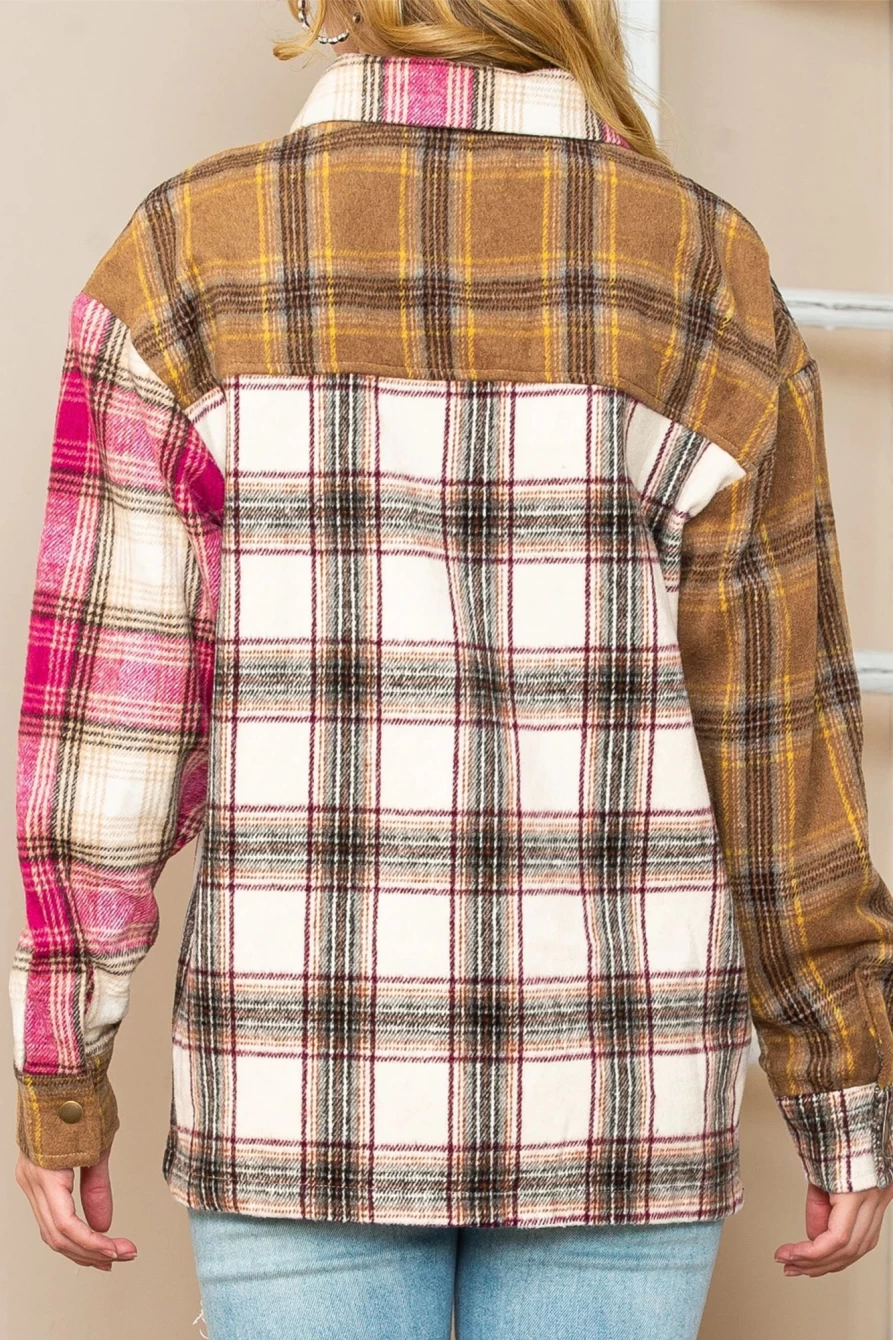 Shewin Women's Brown Casual Plaid Button Down Shirt with Pocket