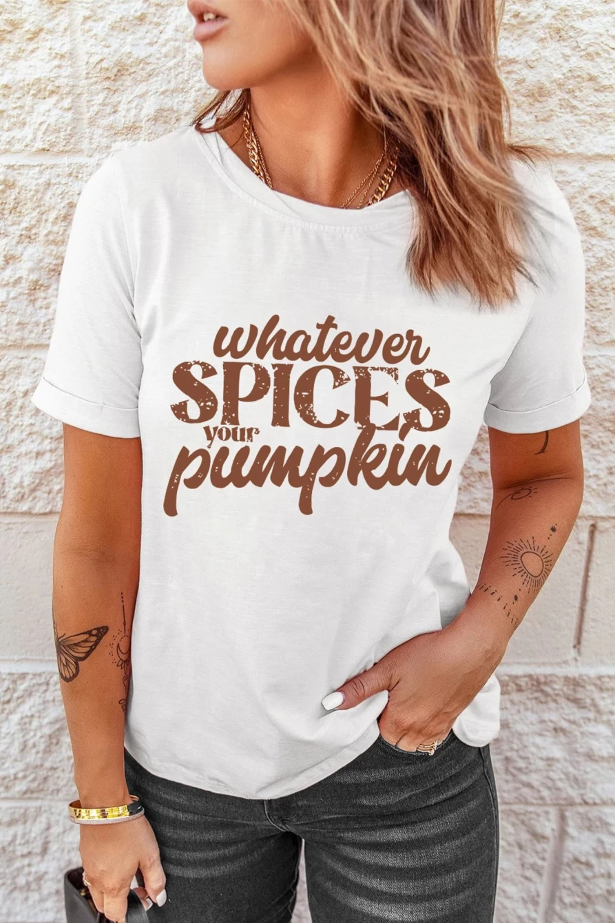 Shewin Women's White Pumpkin Spice Letter Print Graphic Tee