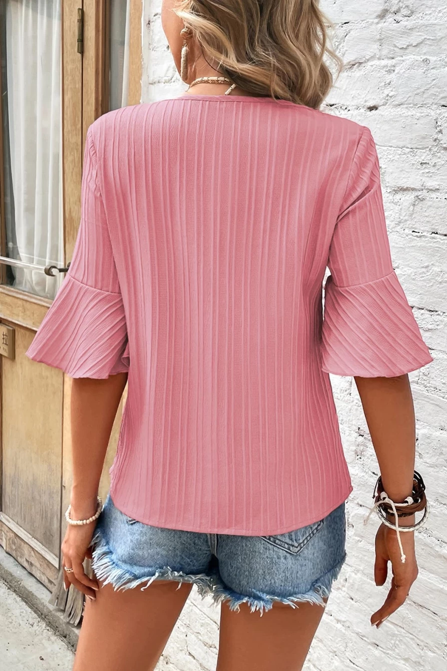 Shewin Women's Peach Blossom Ruffled Short Sleeve V-Neck Textured Blouse