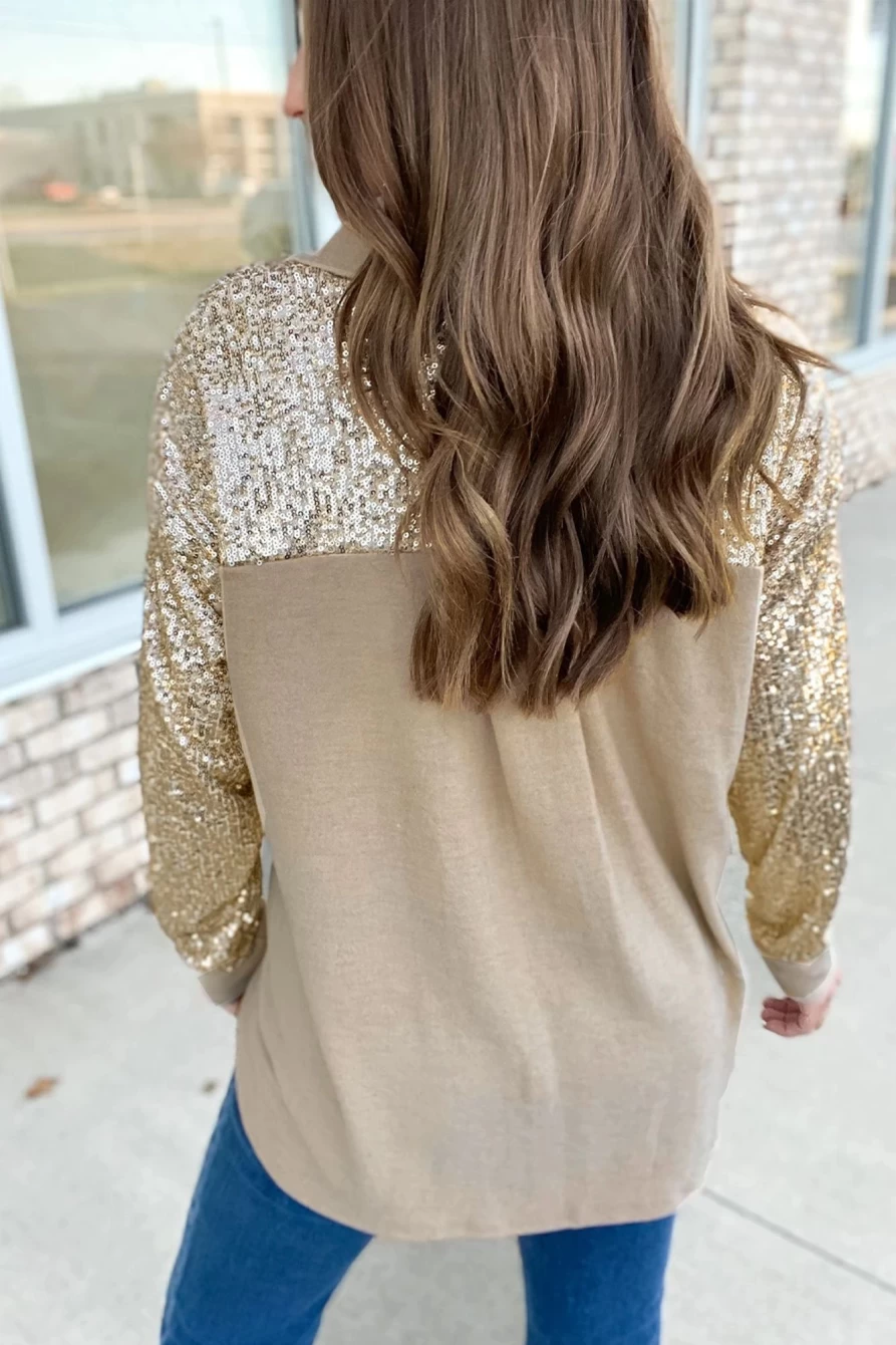 Shewin Women's Apricot Contrast Sequin Long Sleeve Shirt with Pocket
