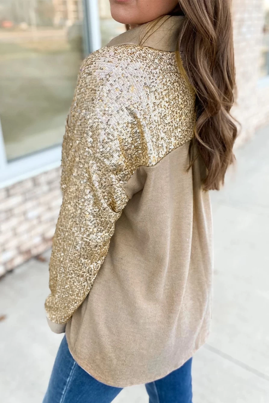 Shewin Women's Apricot Contrast Sequin Long Sleeve Shirt with Pocket