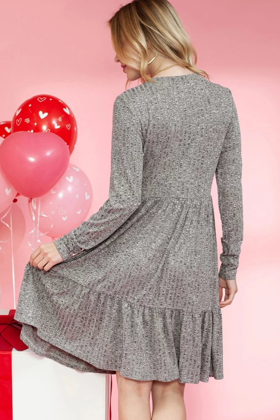 Shewin Women's Gray Pocket Mini Dress with Ribbed Pleats and Ruffle Hem