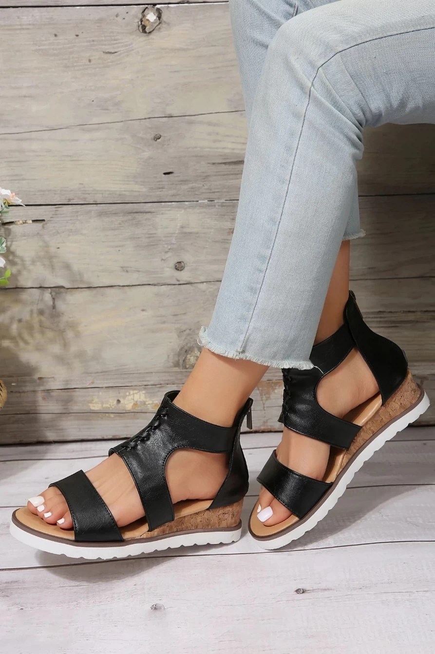 Shewin Women's Black Crisscross Hollowed Leather Gladiator Sandals