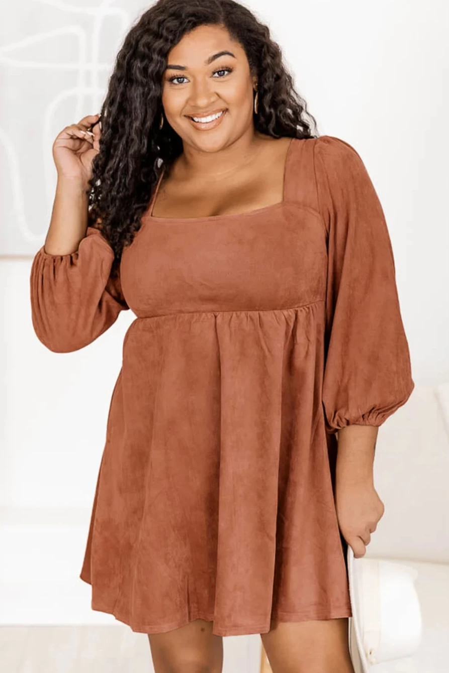 Shewin Women's Plus Size Chestnut Suede Square Neck Balloon Sleeve Dress