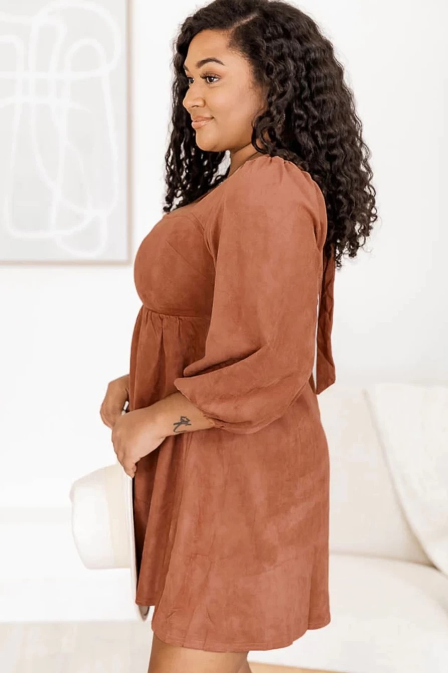 Shewin Women's Plus Size Chestnut Suede Square Neck Balloon Sleeve Dress