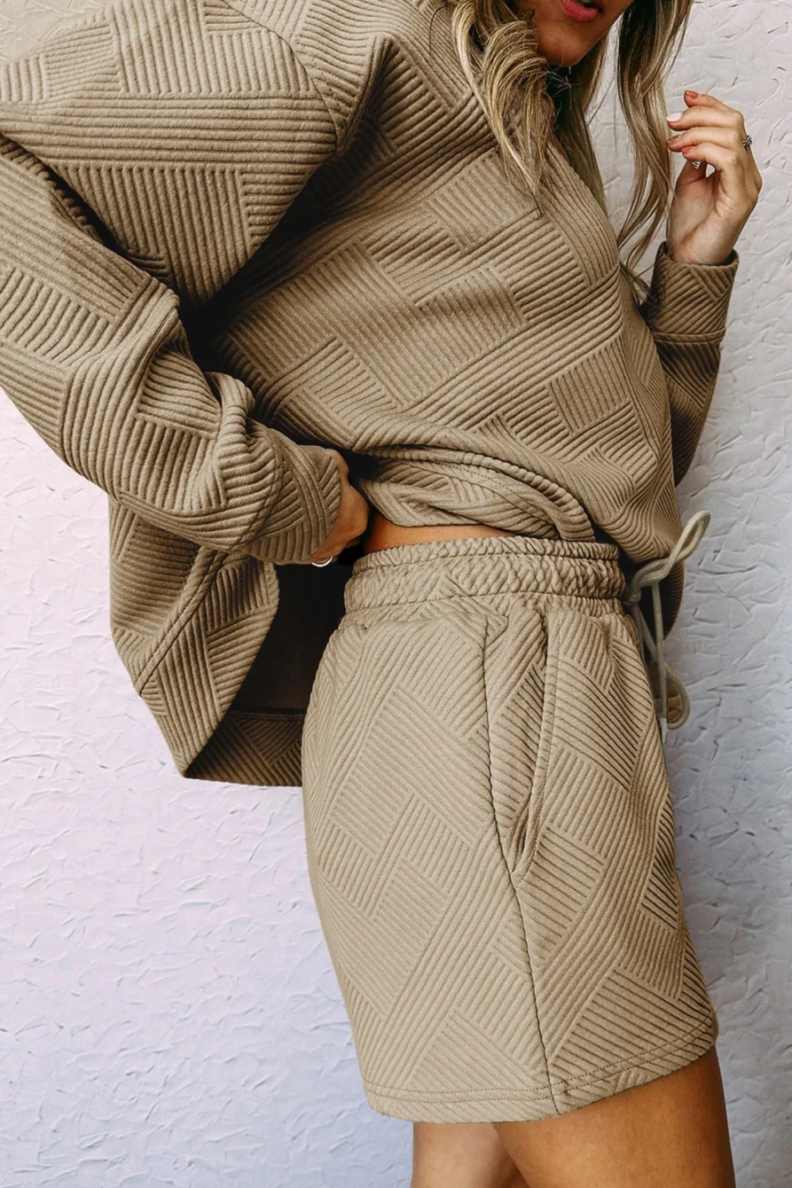 "Shewin Women's Apricot Khaki Textured Long Sleeve Top & Drawstring Shorts Lounge Set"