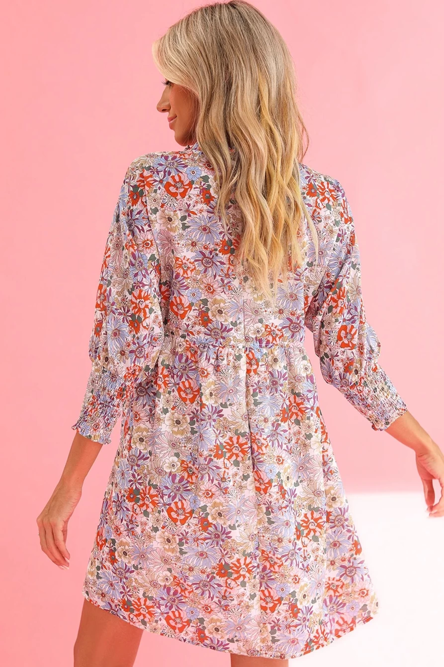 Shewin Women's Purple Printed Boho Floral Mini Dress with Frilled Neck & Shirred Cuffs