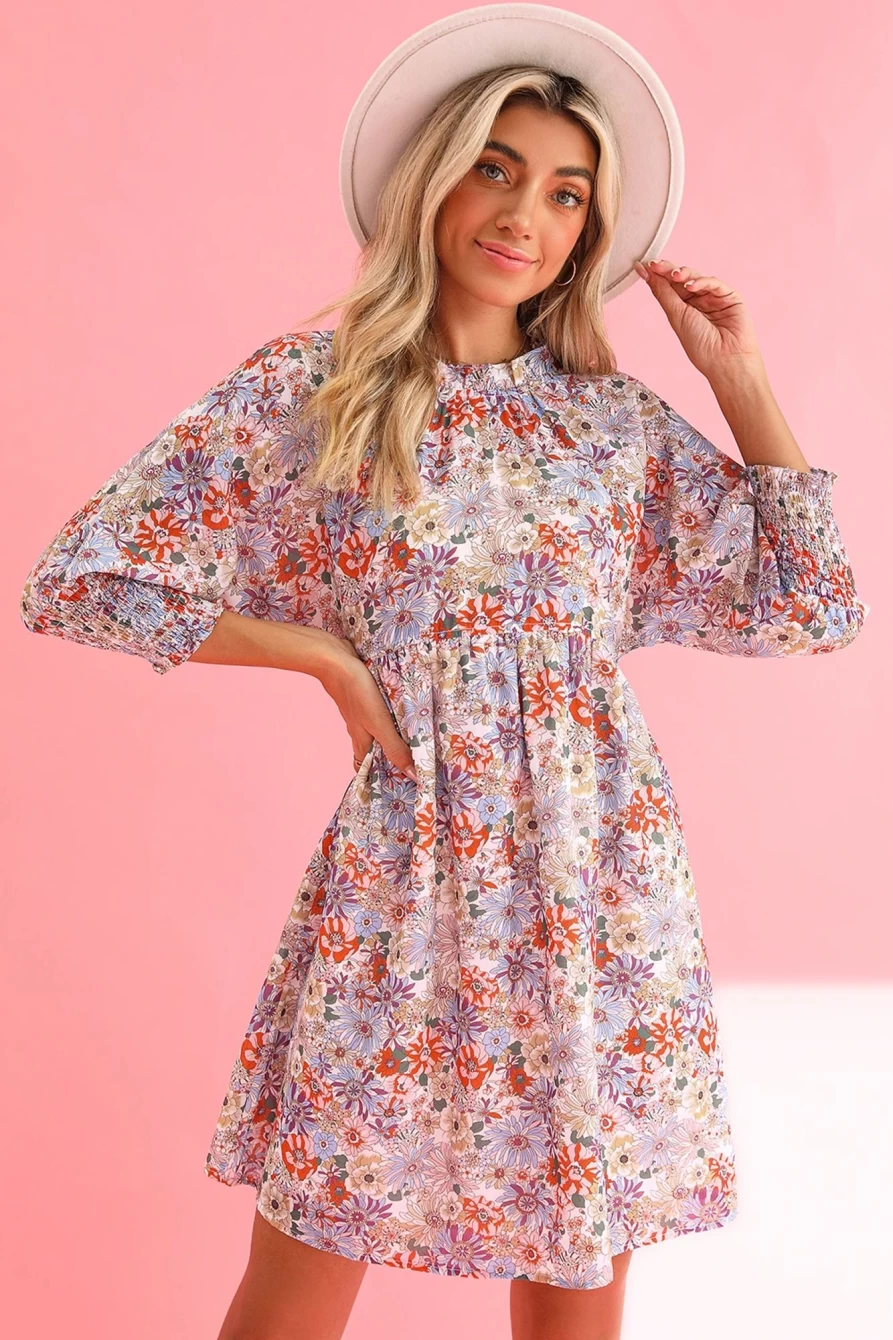 Shewin Women's Purple Printed Boho Floral Mini Dress with Frilled Neck & Shirred Cuffs
