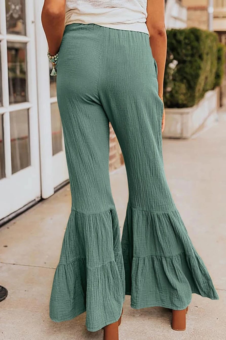 Shewin Women's Green High Waist Flared Pants with Ruffle Detail - Trendy Retro Wide Leg Trousers