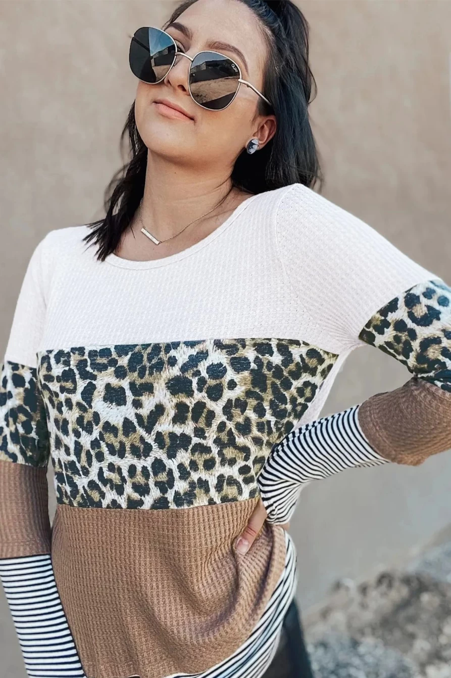 "SheWin Women's Brown Colorblock Stripes & Cheetah Print Long Sleeve Shirt"