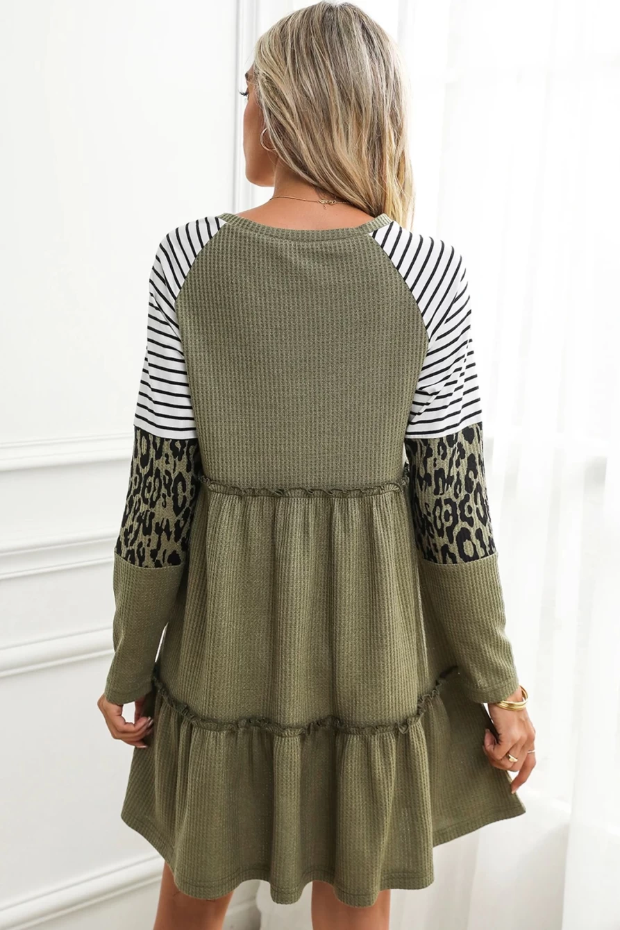 Shewin Women's Multicolor Striped Leopard Patchwork Long Sleeve Tiered Frill Dress