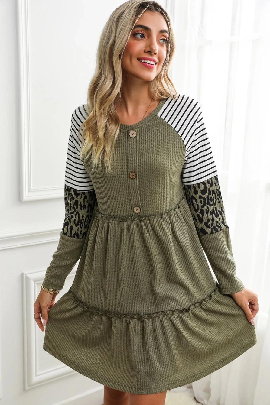 Shewin Women's Multicolor Striped Leopard Patchwork Long Sleeve Tiered Frill Dress