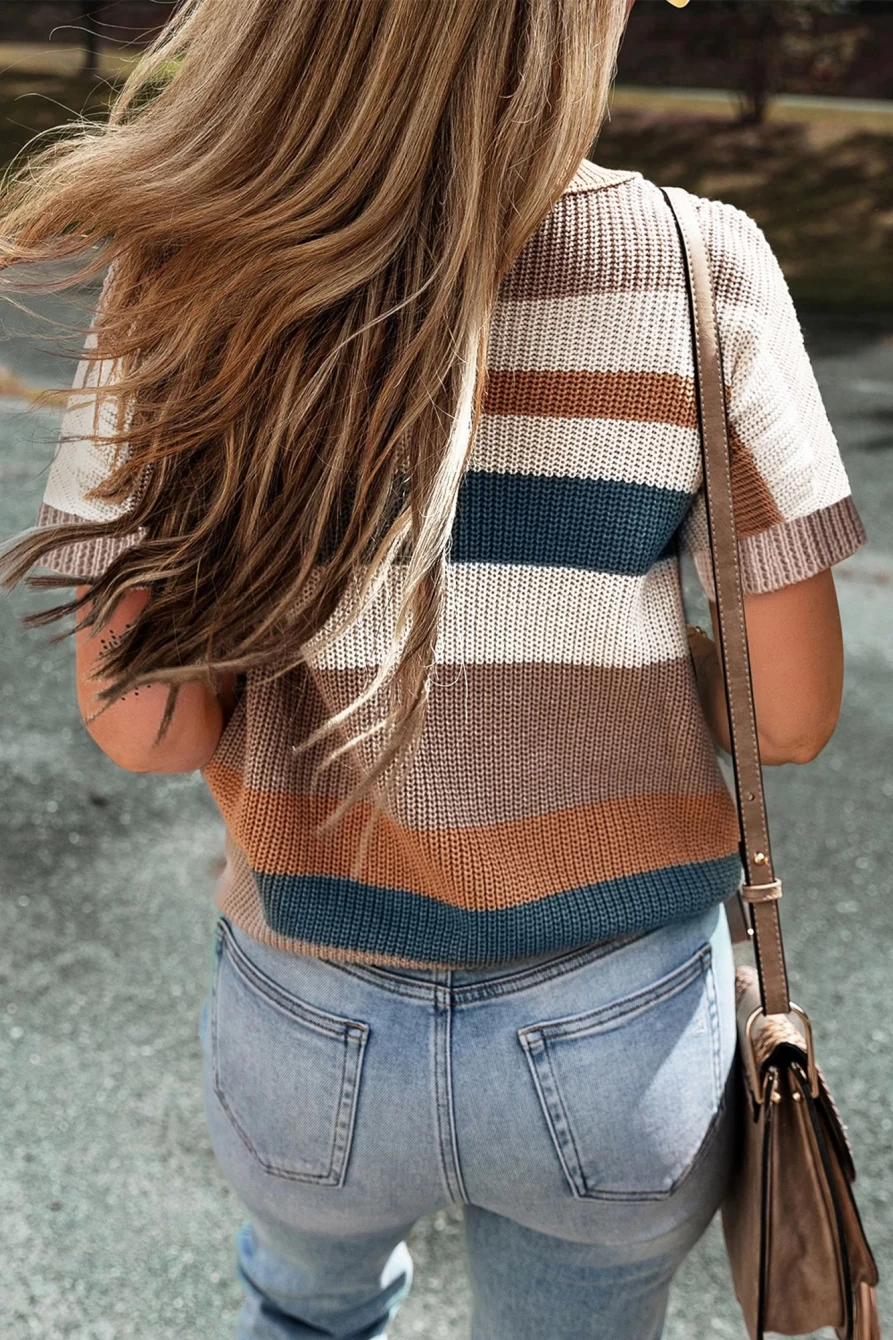 Shewin Women's Camel Striped Colorblock Knit Short Sleeve T-Shirt