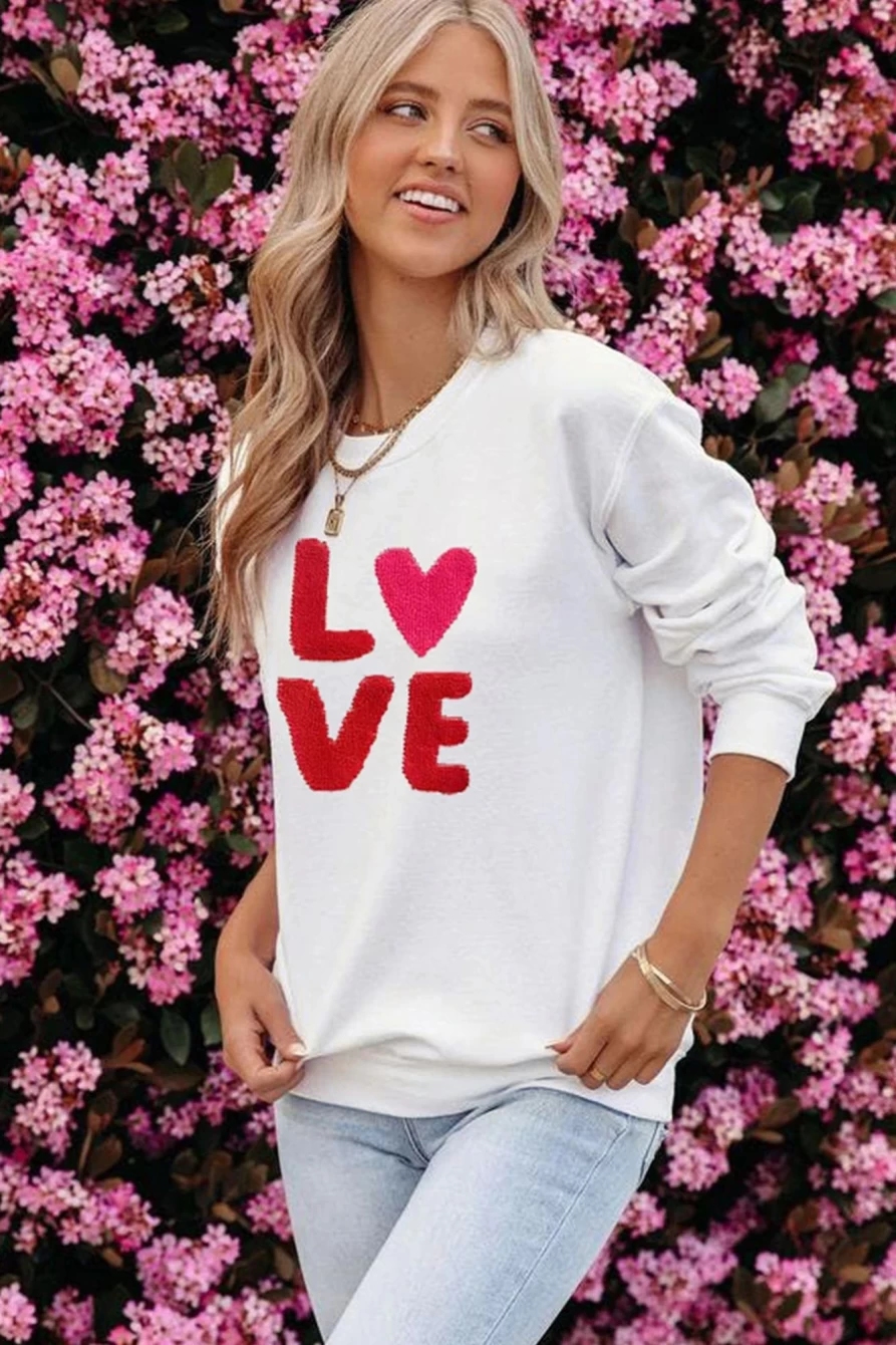 Shewin Women's Beige Love Patched Graphic Valentine's Day Sweatshirt
